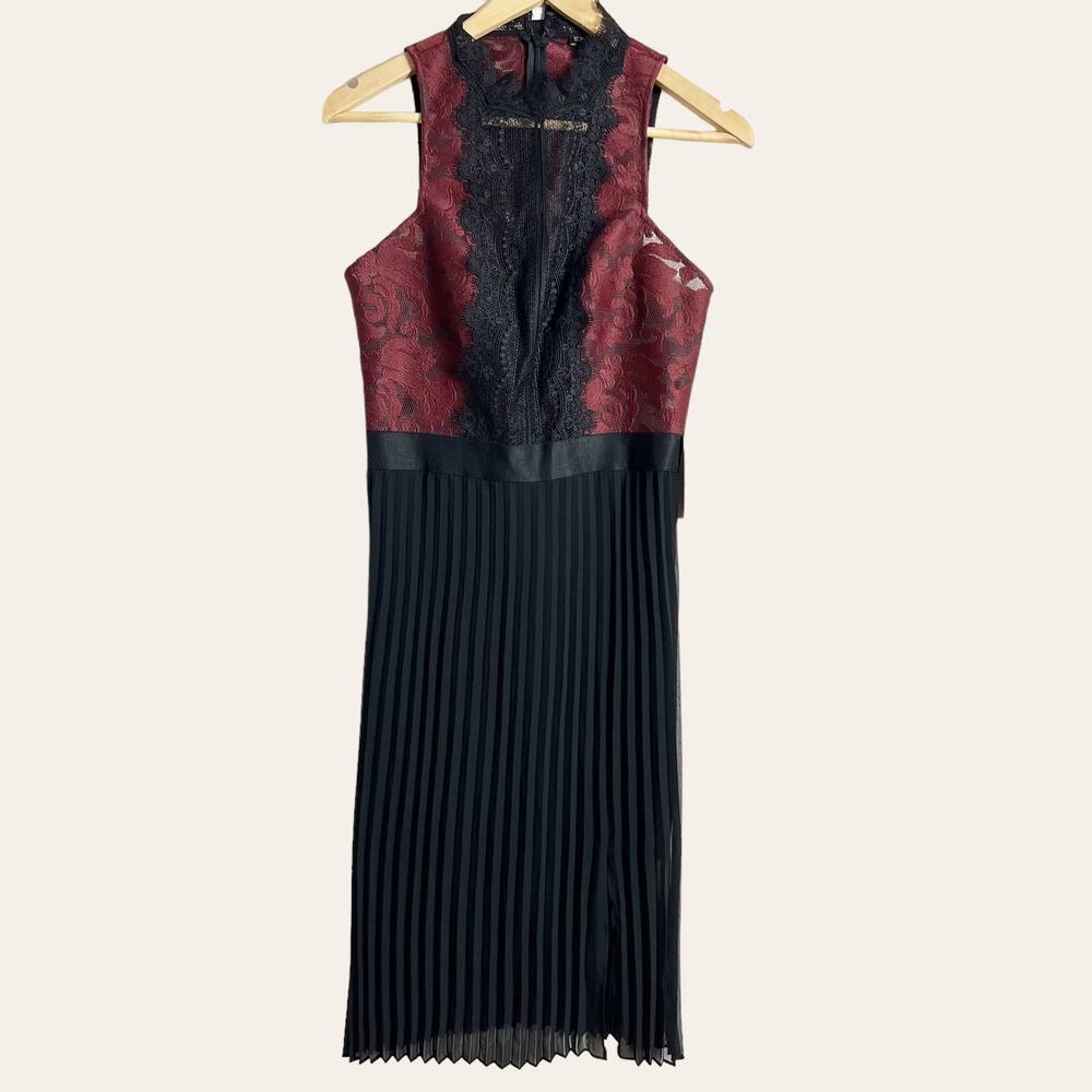 Express Black Red Lace Pleated Sleeveless Cocktail Midi Dress Size 6